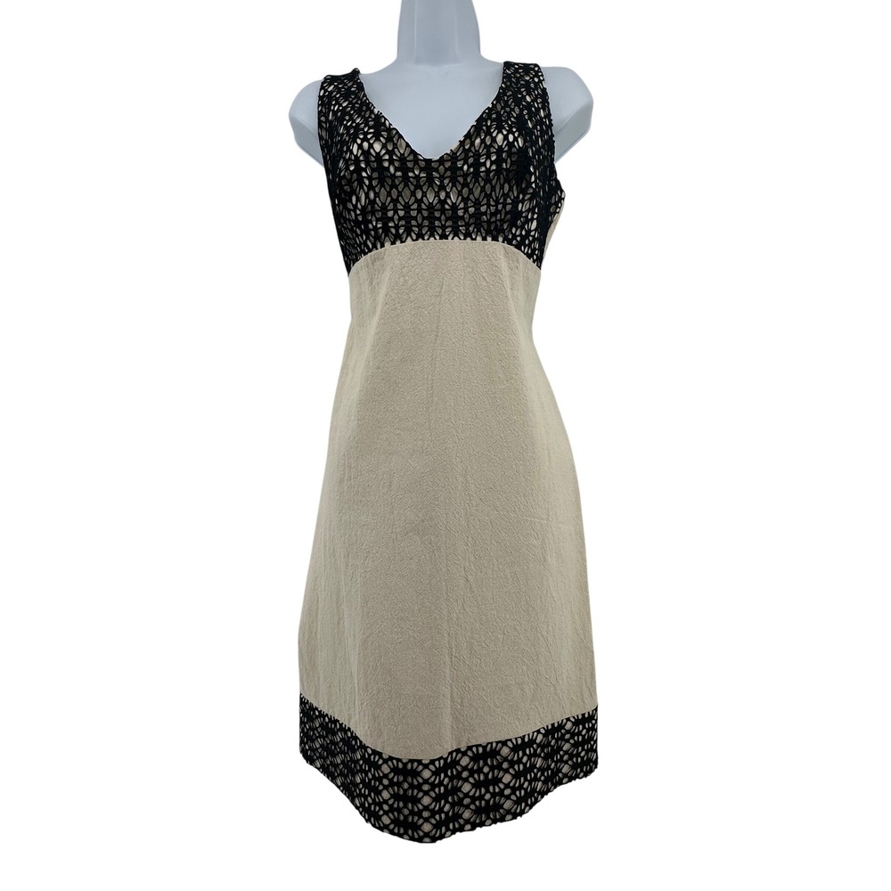 Glyphs Cotton Sheath Dress Womens M Beige Black Crochet Trim Boho Granola Earthy